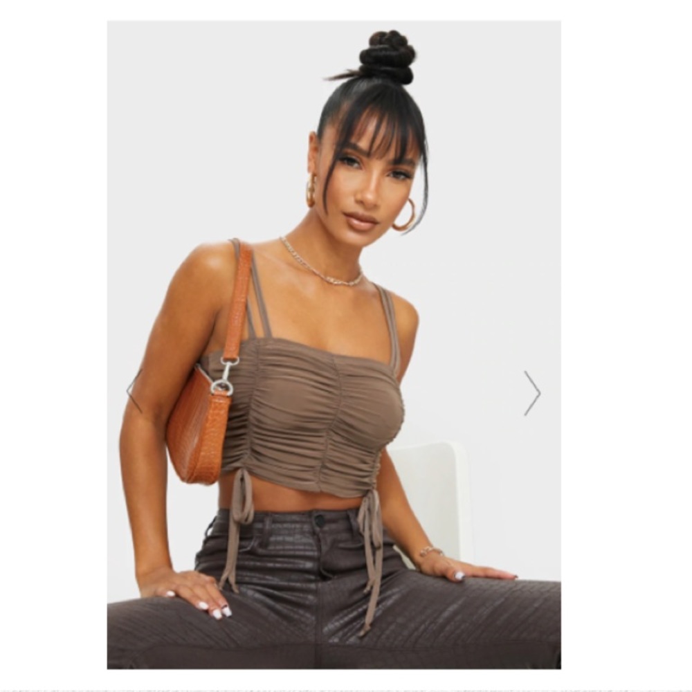 PLT Chocolate Slinky Ruched Detail Strappy Crop Top